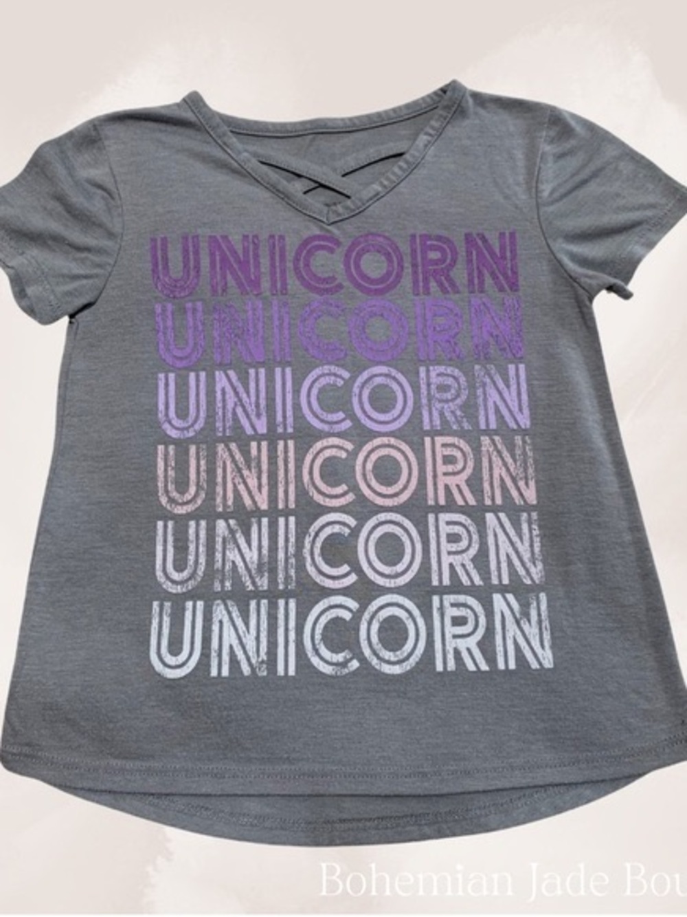 Girls' Gray Unicorn Graphic V-Neck Short Sleeve Tee